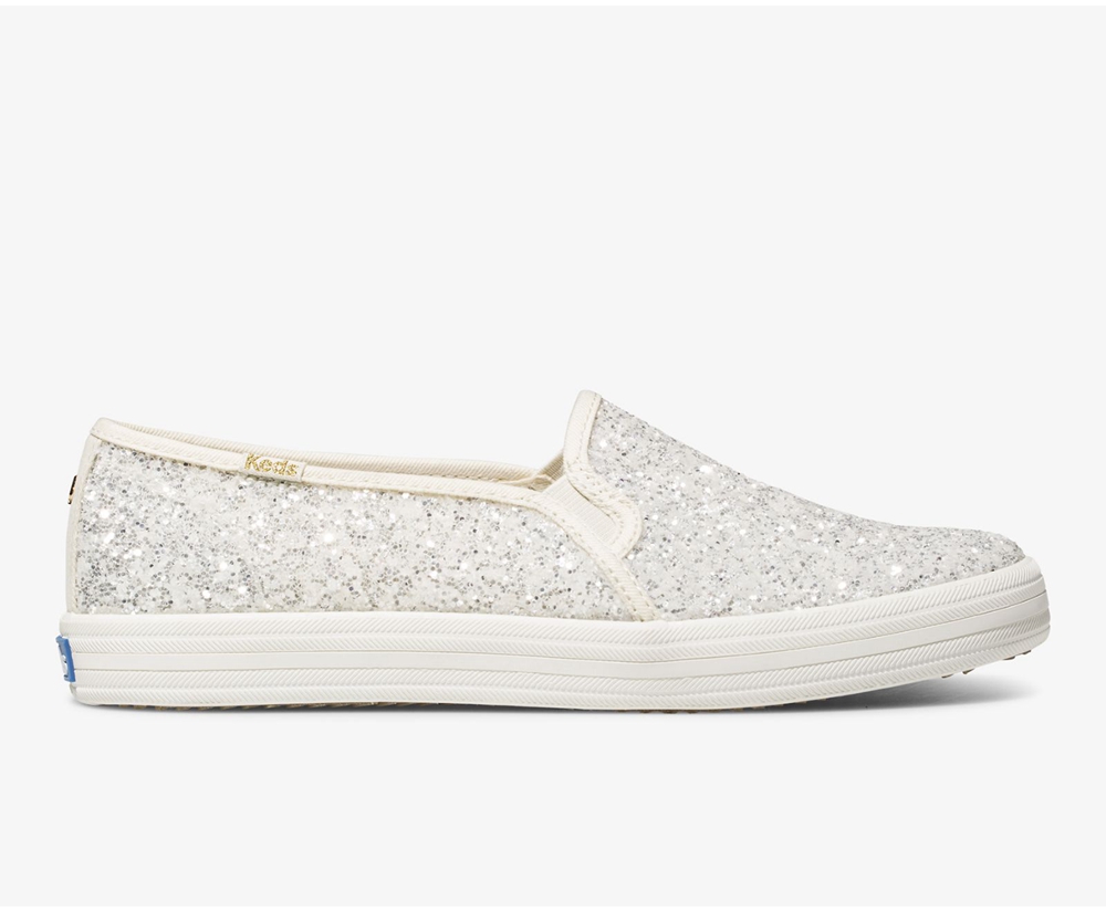 Keds Slip Ons White - Kate Spade new york Double Decker Glitter - Womens NUHYIJ-716